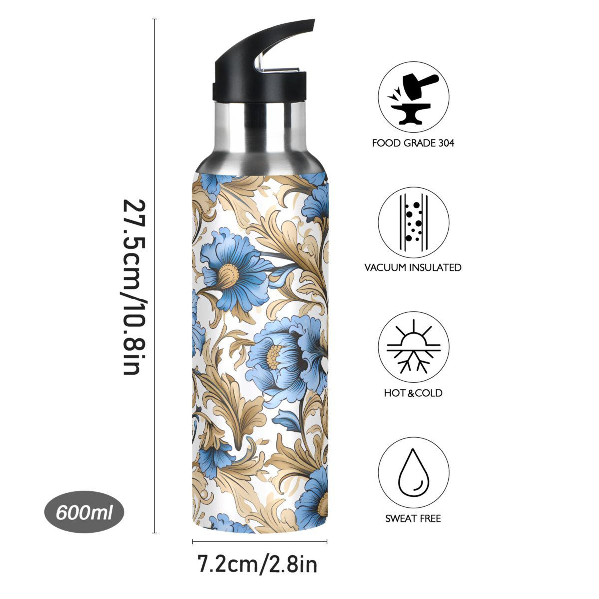 Blue Flowers Gold Leaves Stainless Steel Insulated Water Bottle A739