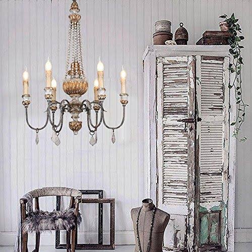 Retro Rustic 6-Light Wood Metal Crystal Chandelier T202659