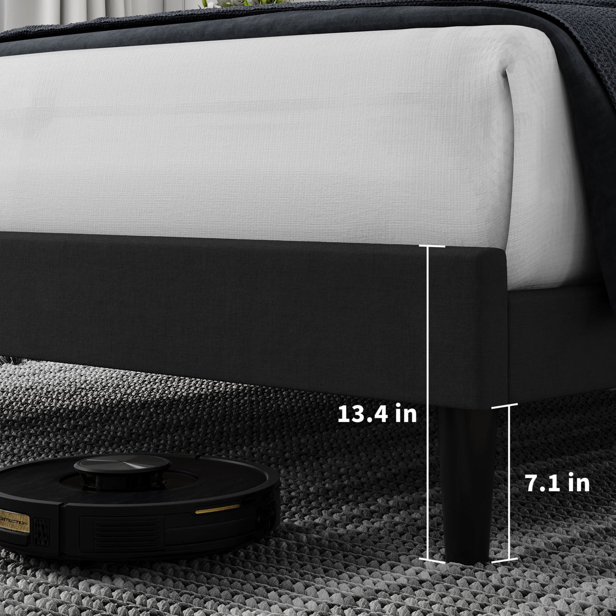 Queen Size Black Linen Upholstered Platform Bed with Tufted Headboard Y2457