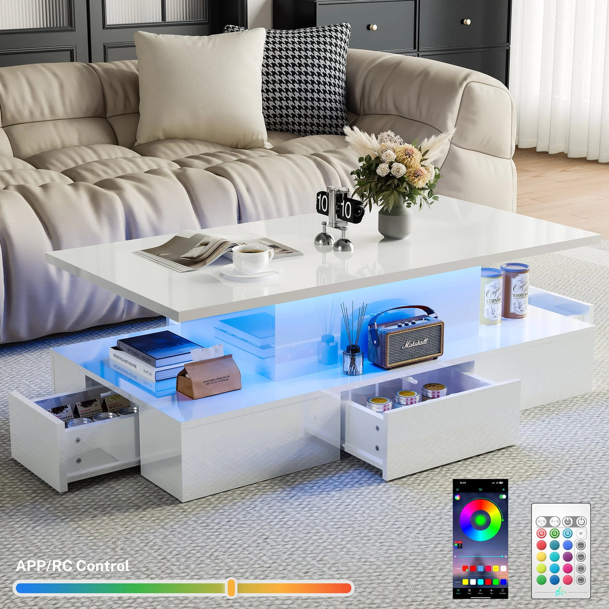 Black LED Coffee Table with 4 Drawers T12227