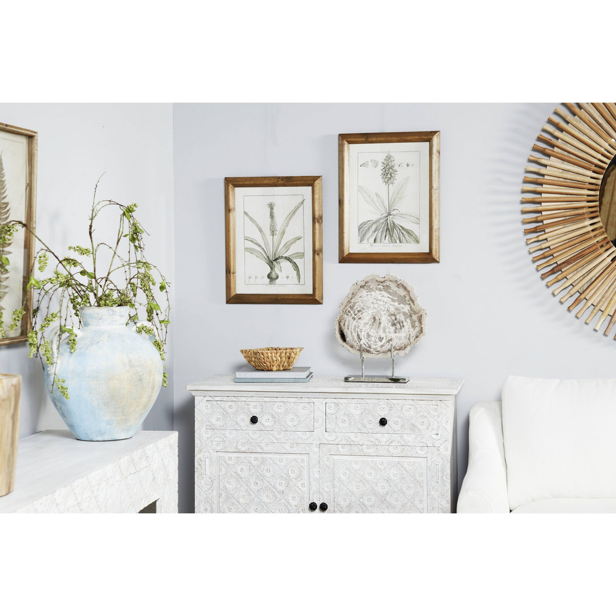 Large Black and White Vintage Botanical Prints in Natural Wood Frames Set X965