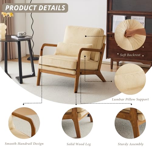 Beige Yellow Corduroy Accent Chair with Pillow U70003