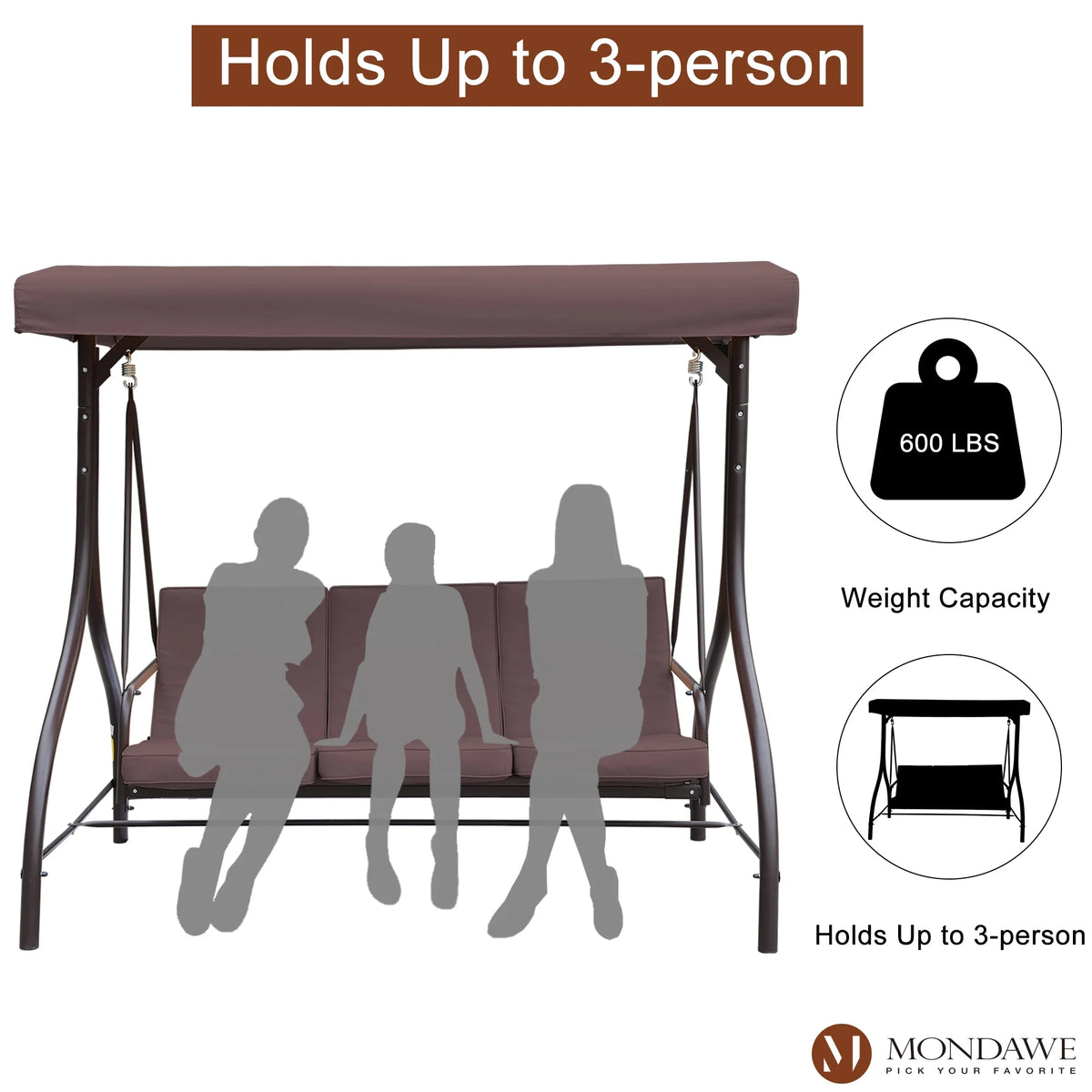 Outdoor Patio Swing Chair with Canopy and Removable Cushion, 3 Seater Q308644
