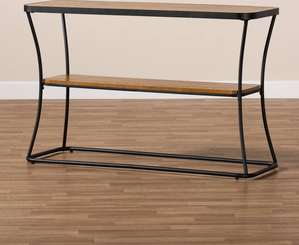 Rustic Industrial Walnut Brown Wood and Black Metal Console Table G9056
