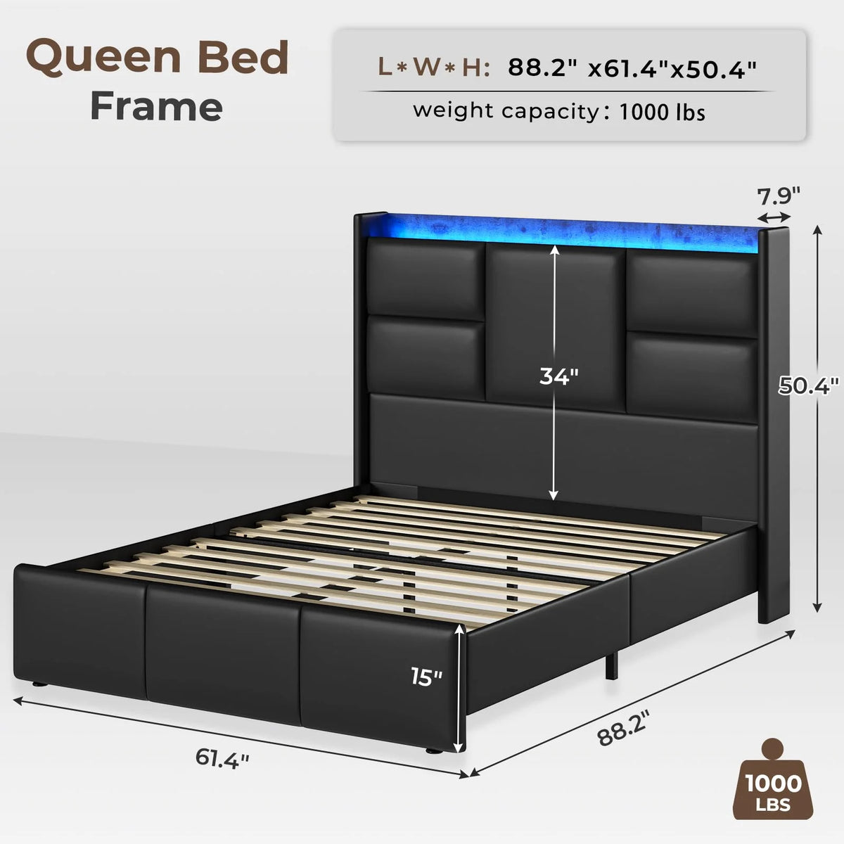 Queen Platform Bed Frame with High Headboard and Charging Station H50835