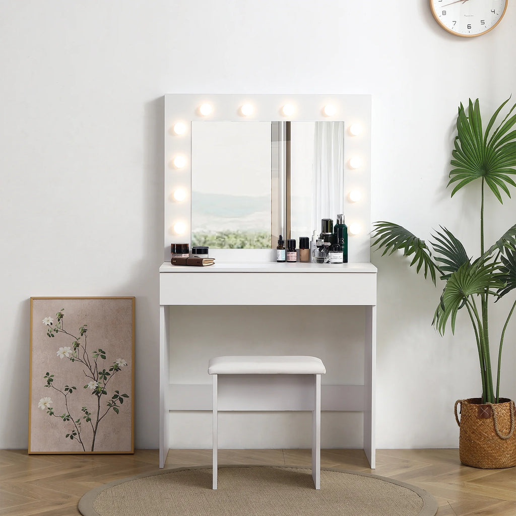 White Vanity Table with Lighted Mirror and Stool H96044
