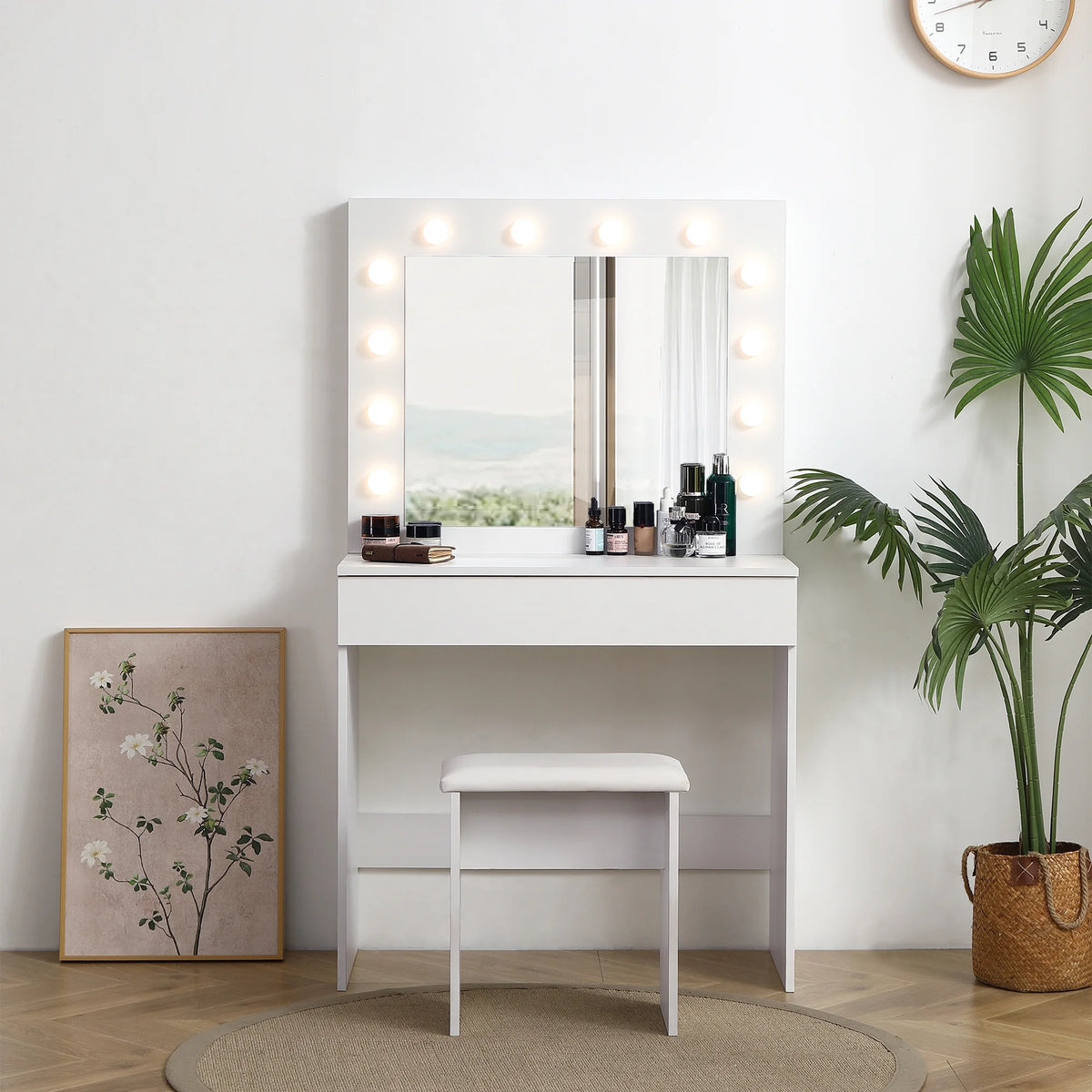 White Vanity Table with Lighted Mirror and Stool H96044