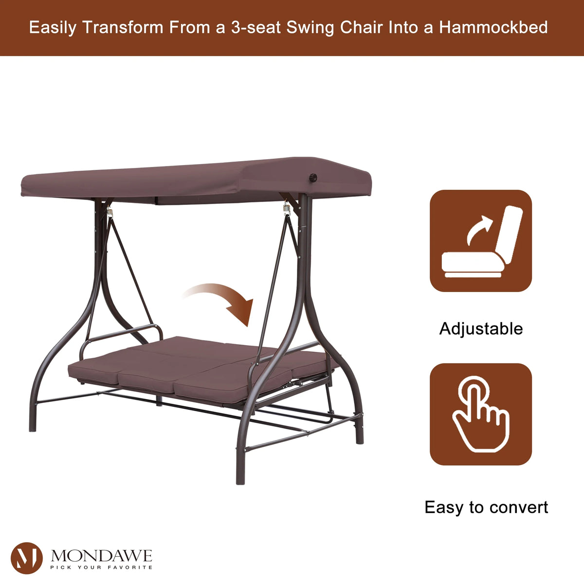 Outdoor Patio Swing Chair with Canopy and Removable Cushion, 3 Seater Q308644