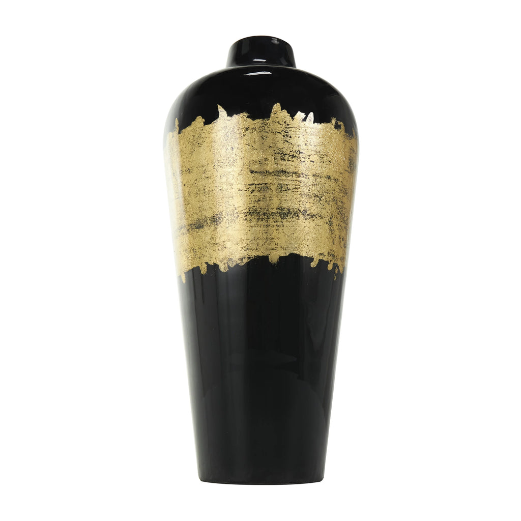 16" Abstract Black Metal Vase with Gold Detailing E87490