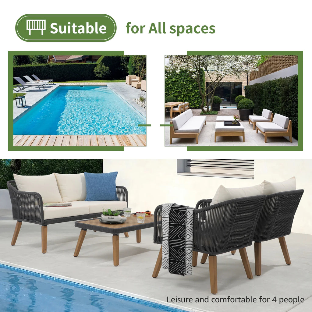 Cream White Acacia Wood Patio Rope Sofa Set with Coffee Table R4892