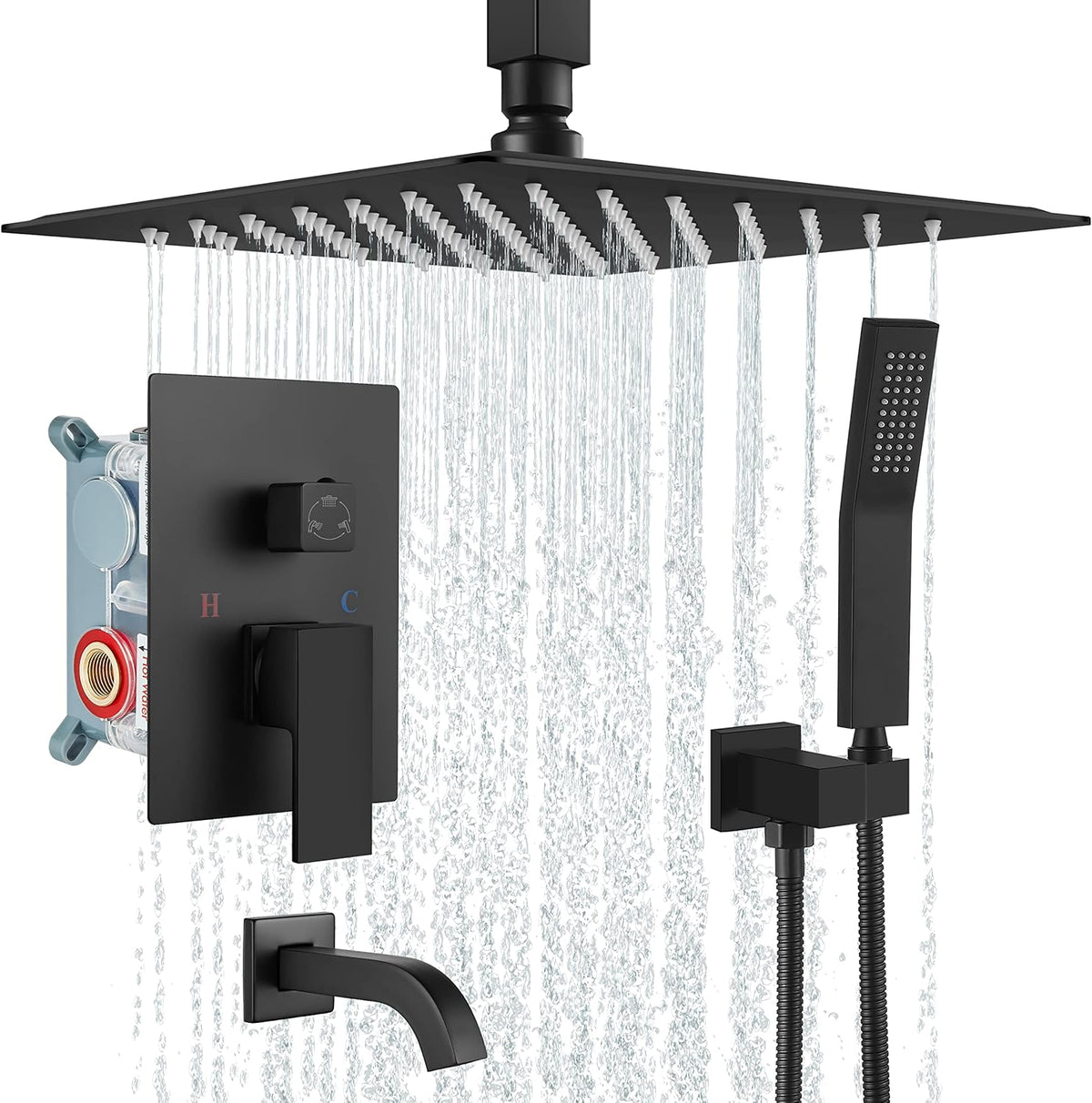 12 Inch Matte Black Ceiling Mount Rain Shower Head Set with Handheld Spray and Tub Filler M22435