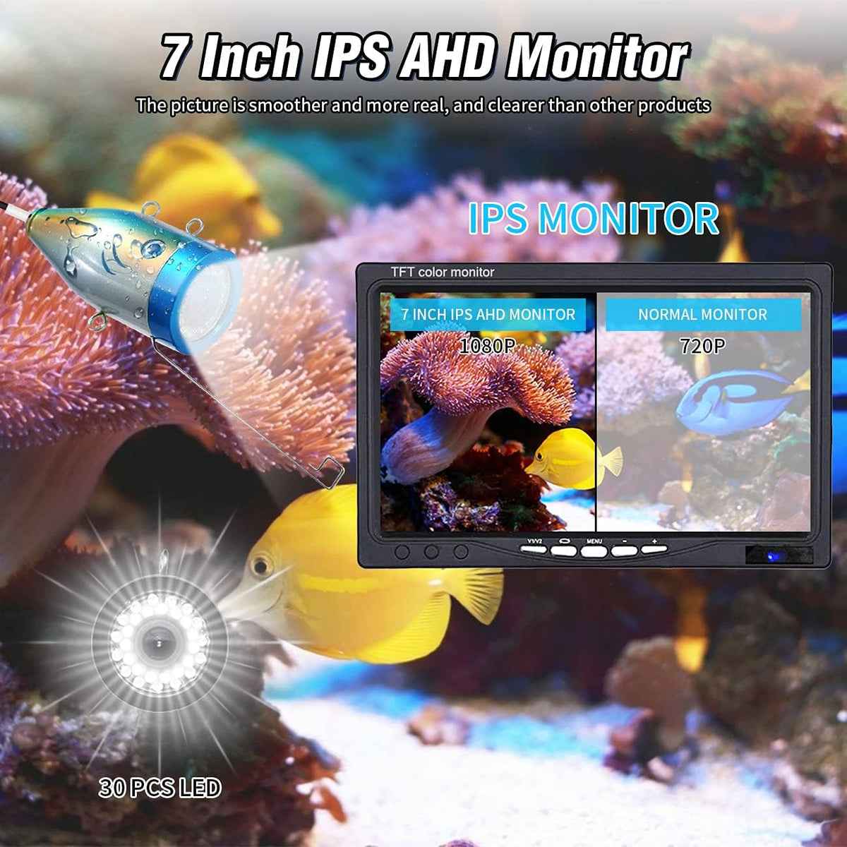 Portable Underwater Fishing Camera with 30 LEDs and 7inch 1080P IPS Monitor with DVR 16GB SD Card (30M) H574888
