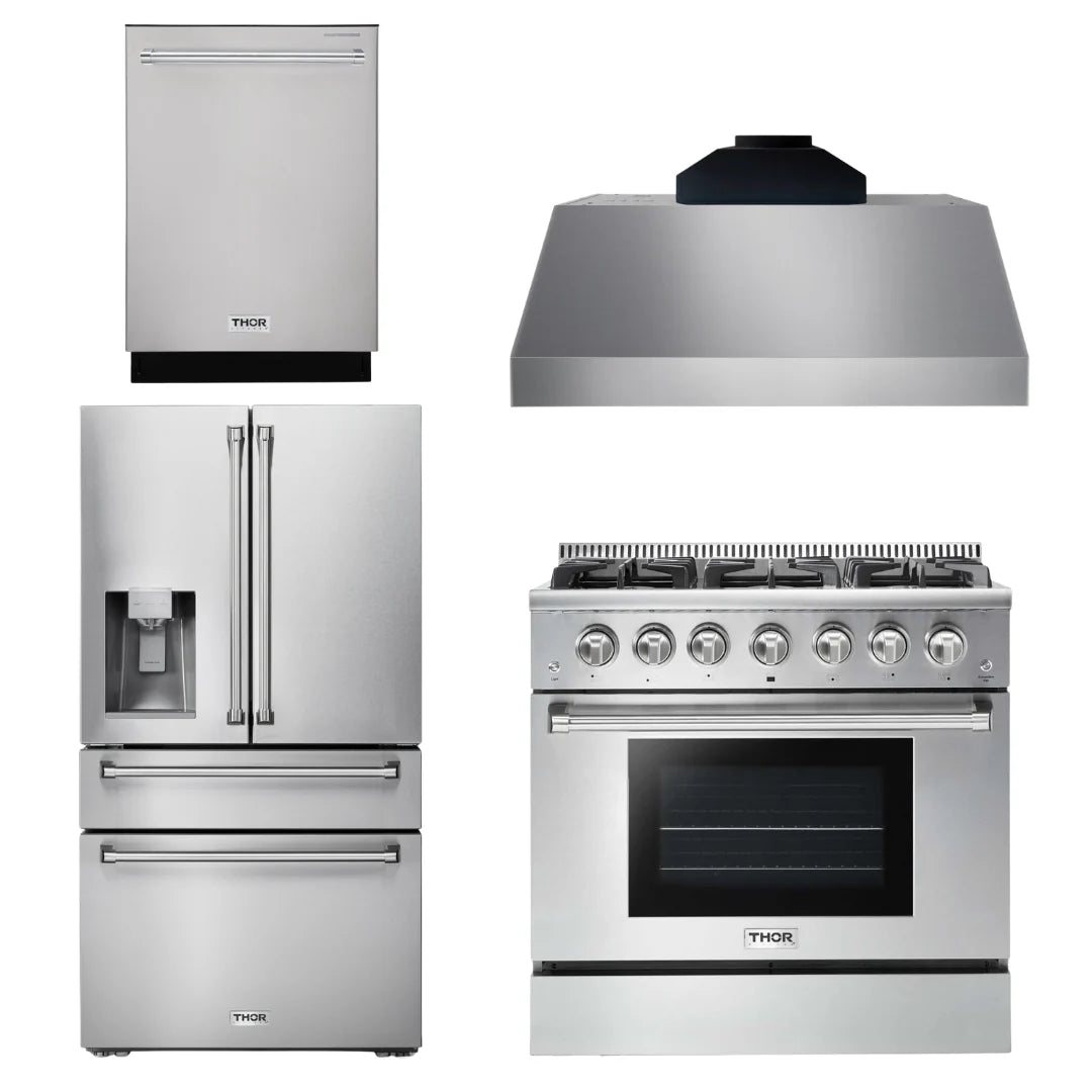 36 Gas Range, Range Hood, Refrigerator with Water and Ice Dispenser, Dishwasher Y917386
